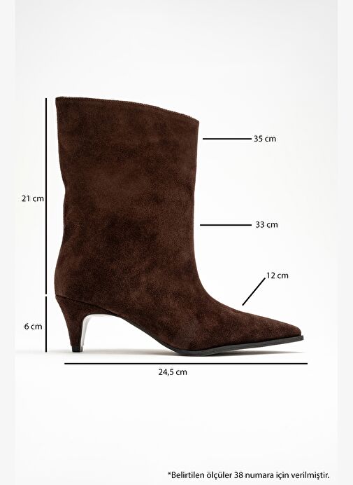 ALEO Kahverengi Süet Hakiki Deri Sivri Burunlu Kadın Kısa Topuklu Bot - Görsel 7