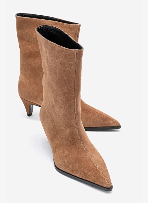 ALEO Toprak Süet Hakiki Deri Sivri Burunlu Kadın Kısa Topuklu Bot - Görsel 2