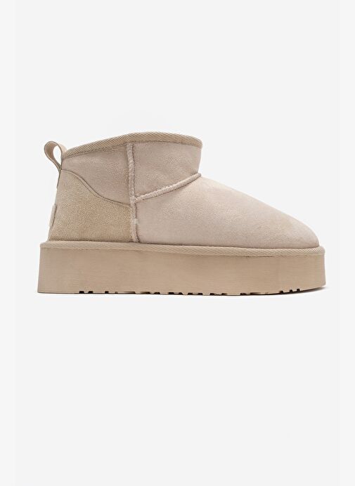 VEYRA Bej Süet Hakiki Deri Kürklü Platform Tabanlı Kadın Mini Bot - Görsel 7