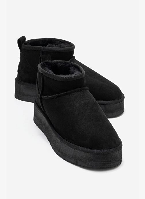 VEYRA Siyah Süet Hakiki Deri Kürklü Platform Tabanlı Kadın Mini Bot - Görsel 2