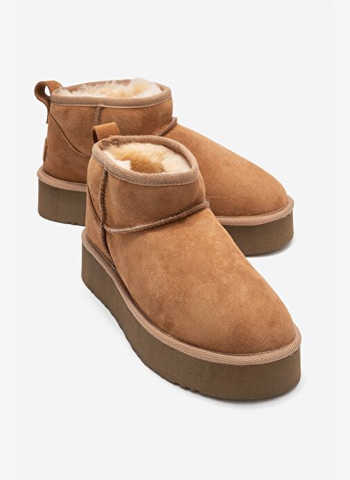 VEYRA Taba Süet Hakiki Deri Kürklü Platform Tabanlı Kadın Mini Bot - Görsel 2