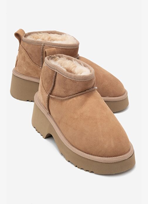 ARY Taba Süet Hakiki Deri Kürklü Platform Tabanlı Kadın Mini Bot - Görsel 2