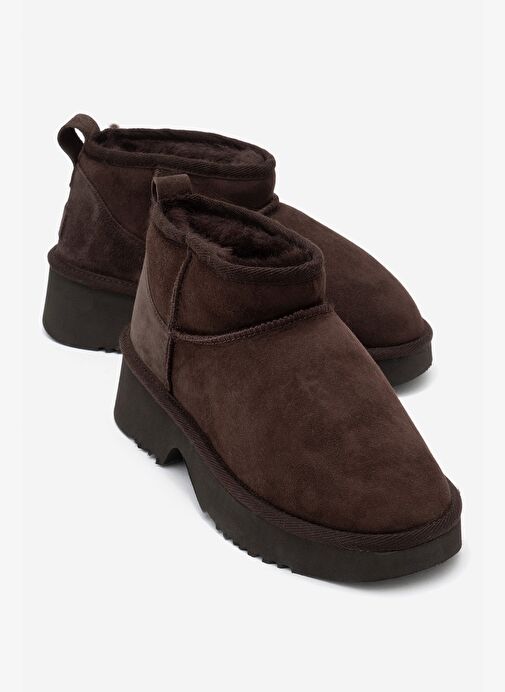 ARY Kahverengi Süet Hakiki Deri Kürklü Platform Tabanlı Kadın Mini Bot - Görsel 2