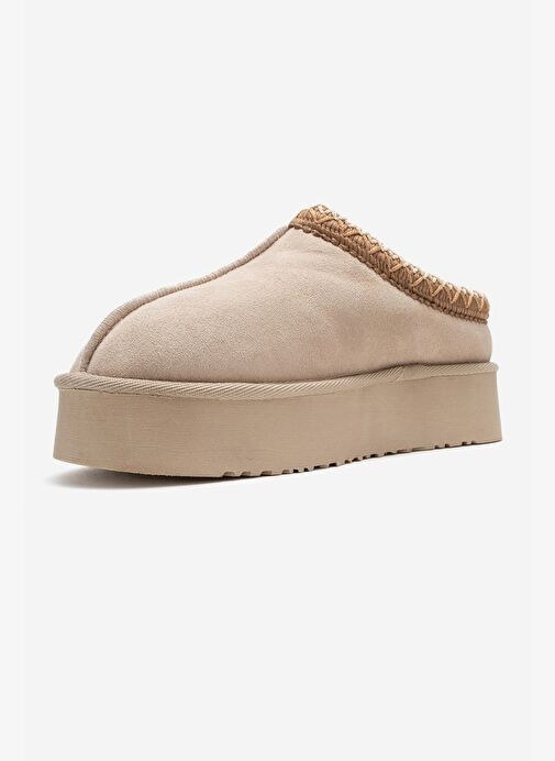 AVELIA Bej Süet Hakiki Deri Dikişli Kadın Kalın Tabanlı Kışlık Terlik - Görsel 5