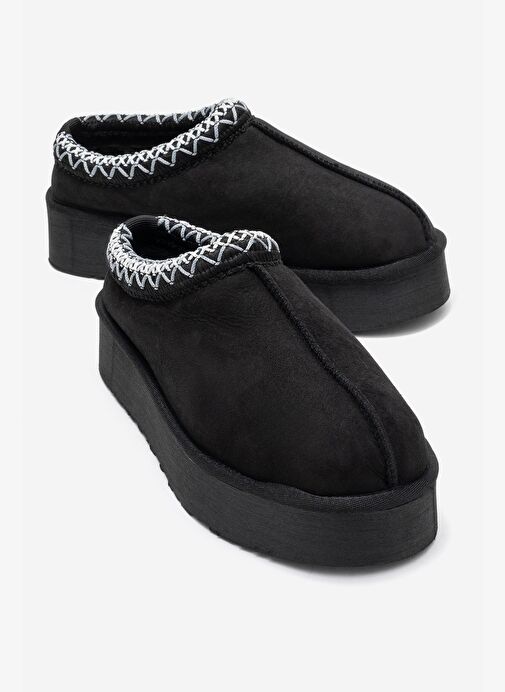 AVELIA Siyah Süet Hakiki Deri Dikişli Kadın Kalın Tabanlı Kışlık Terlik - Görsel 2