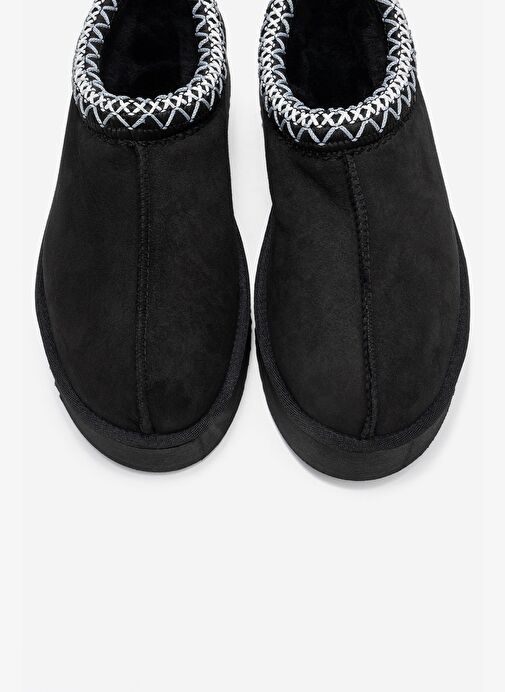 AVELIA Siyah Süet Hakiki Deri Dikişli Kadın Kalın Tabanlı Kışlık Terlik - Görsel 3