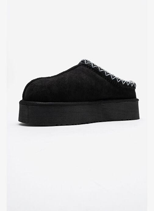 AVELIA Siyah Süet Hakiki Deri Dikişli Kadın Kalın Tabanlı Kışlık Terlik - Görsel 5