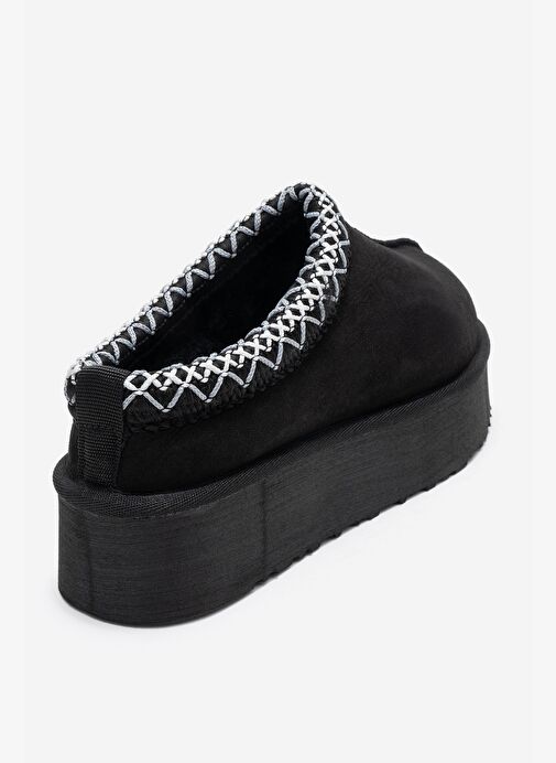 AVELIA Siyah Süet Hakiki Deri Dikişli Kadın Kalın Tabanlı Kışlık Terlik - Görsel 6