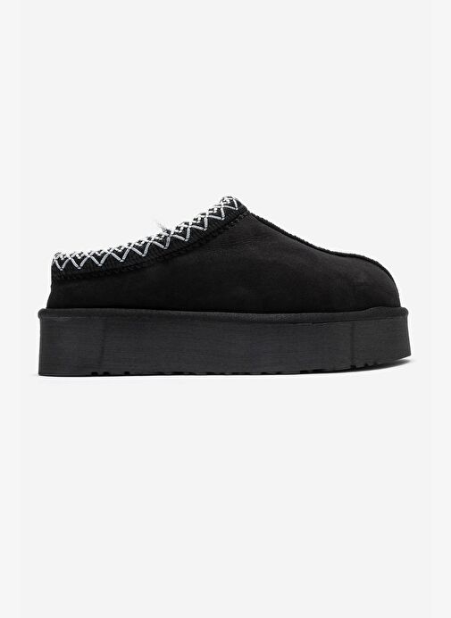 AVELIA Siyah Süet Hakiki Deri Dikişli Kadın Kalın Tabanlı Kışlık Terlik - Görsel 7