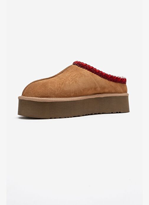 AVELIA Taba Süet Hakiki Deri Dikişli Kadın Kalın Tabanlı Kışlık Terlik - Görsel 5