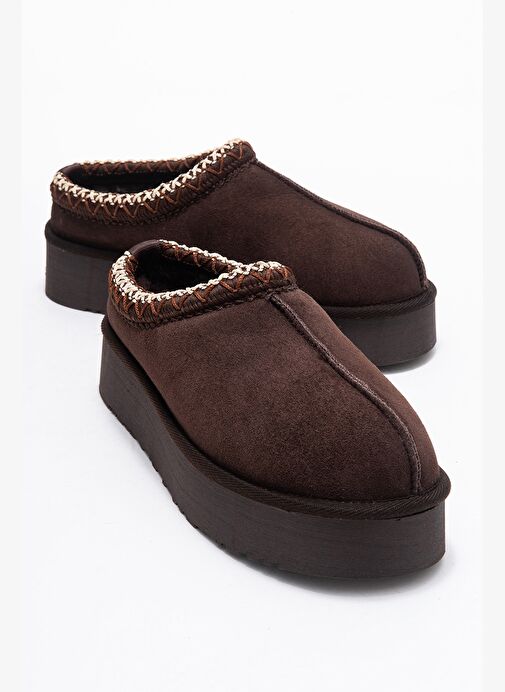 AVELIA Kahverengi Süet Hakiki Deri Dikişli Kadın Kalın Tabanlı Kışlık Terlik - Görsel 2