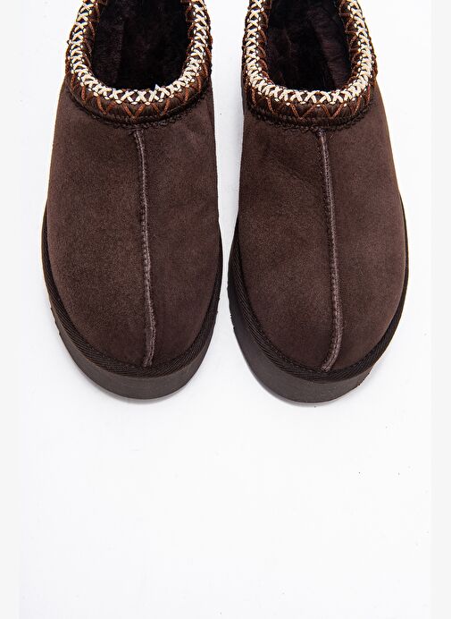 AVELIA Kahverengi Süet Hakiki Deri Dikişli Kadın Kalın Tabanlı Kışlık Terlik - Görsel 3