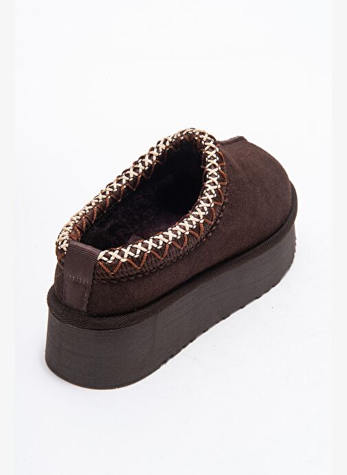 AVELIA Kahverengi Süet Hakiki Deri Dikişli Kadın Kalın Tabanlı Kışlık Terlik - Görsel 6