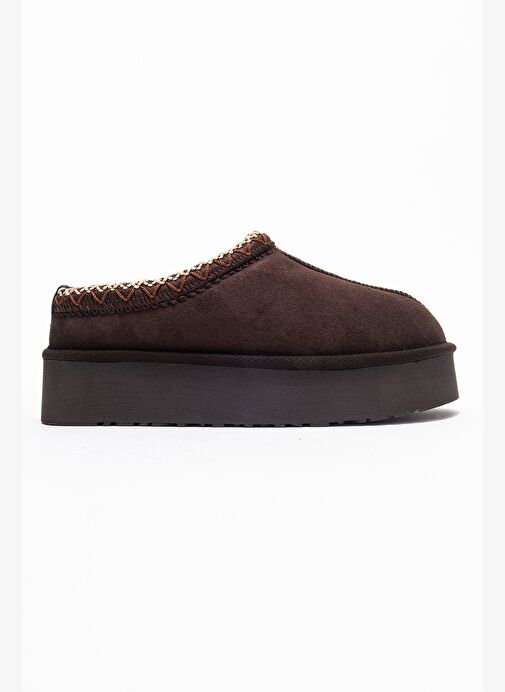 AVELIA Kahverengi Süet Hakiki Deri Dikişli Kadın Kalın Tabanlı Kışlık Terlik - Görsel 7