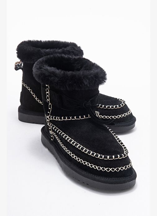 JOREL Siyah Süet Hakiki Deri Dikişli Kürklü Kadın Bot - Görsel 2