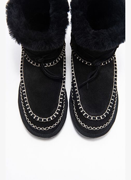 JOREL Siyah Süet Hakiki Deri Dikişli Kürklü Kadın Bot - Görsel 3