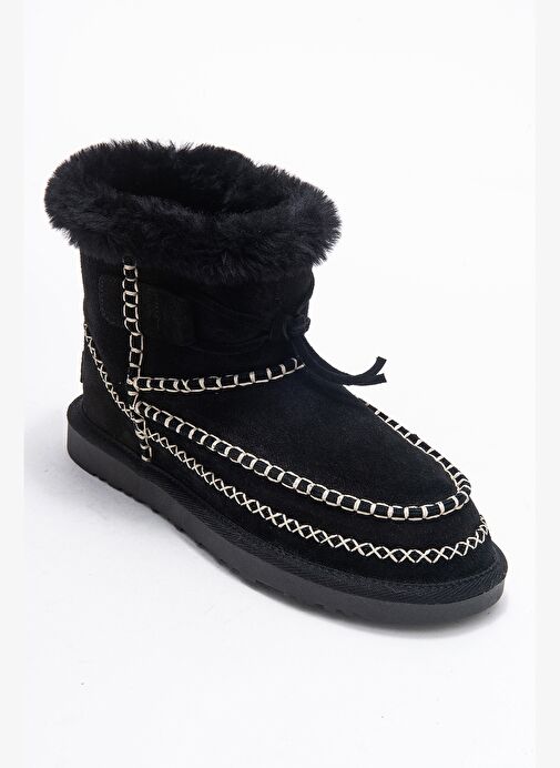 JOREL Siyah Süet Hakiki Deri Dikişli Kürklü Kadın Bot - Görsel 4