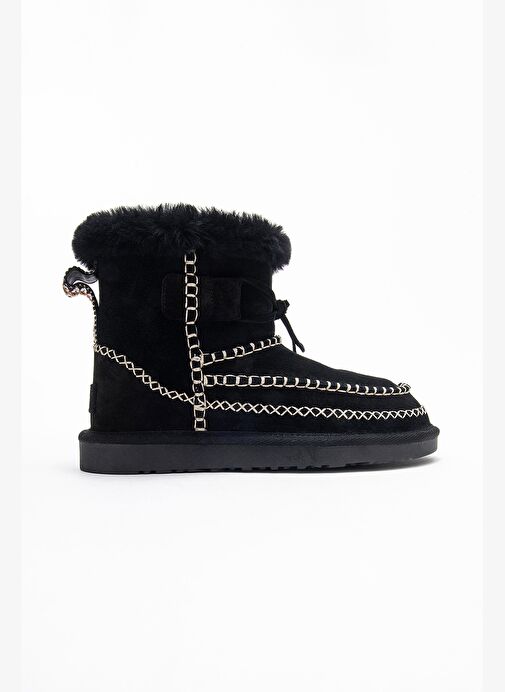 JOREL Siyah Süet Hakiki Deri Dikişli Kürklü Kadın Bot - Görsel 7