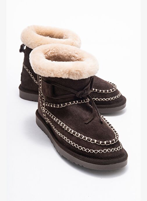 JOREL Kahverengi Süet Hakiki Deri Dikişli Kürklü Kadın Bot - Görsel 2