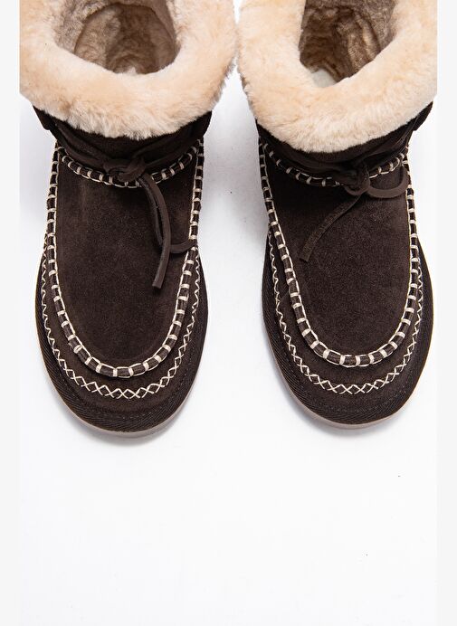 JOREL Kahverengi Süet Hakiki Deri Dikişli Kürklü Kadın Bot - Görsel 3