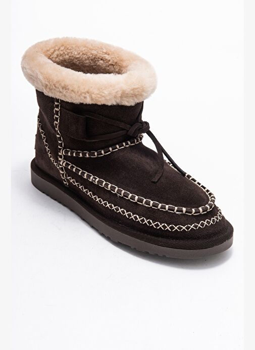 JOREL Kahverengi Süet Hakiki Deri Dikişli Kürklü Kadın Bot - Görsel 4