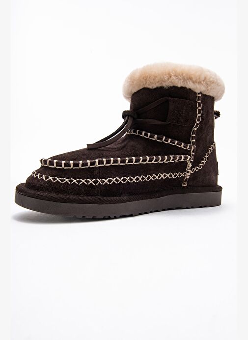 JOREL Kahverengi Süet Hakiki Deri Dikişli Kürklü Kadın Bot - Görsel 5