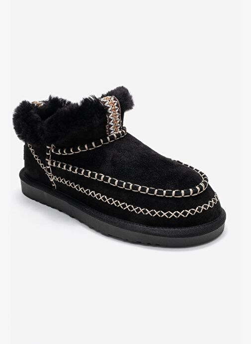 DAREL Siyah Süet Hakiki Deri Dikişli Kürklü Kadın Kısa Bot - Görsel 4