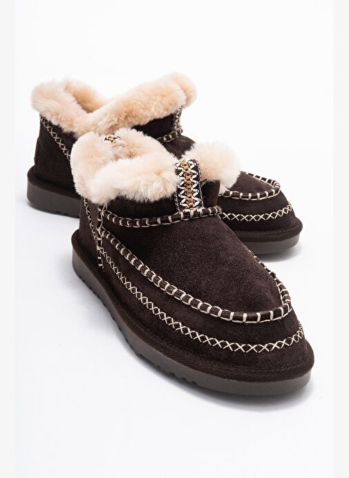 DAREL Kahverengi Süet Hakiki Deri Dikişli Kürklü Kadın Kısa Bot - Görsel 2