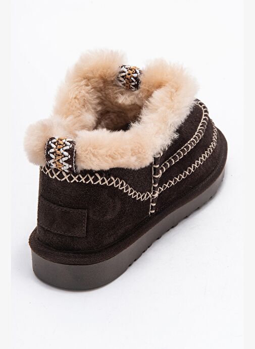 DAREL Kahverengi Süet Hakiki Deri Dikişli Kürklü Kadın Kısa Bot - Görsel 6