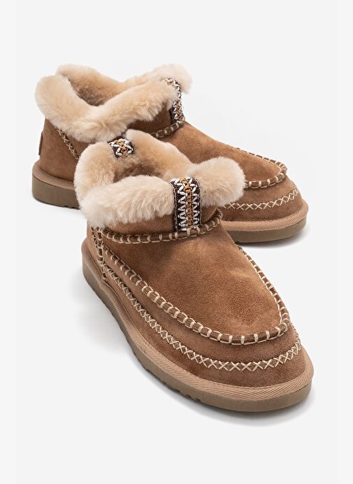 DAREL Toprak Süet Hakiki Deri Dikişli Kürklü Kadın Kısa Bot - Görsel 2