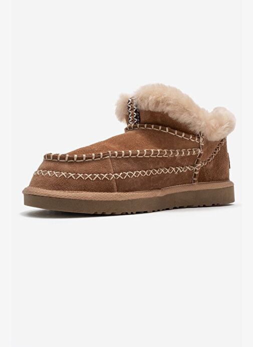 DAREL Toprak Süet Hakiki Deri Dikişli Kürklü Kadın Kısa Bot - Görsel 5