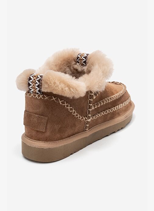 DAREL Toprak Süet Hakiki Deri Dikişli Kürklü Kadın Kısa Bot - Görsel 6