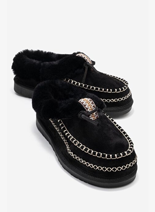 NORIEL Siyah Süet Hakiki Deri Dikişli Kürklü Kadın Makosen Terlik - Görsel 2