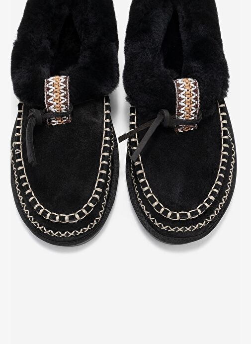 NORIEL Siyah Süet Hakiki Deri Dikişli Kürklü Kadın Makosen Terlik - Görsel 3