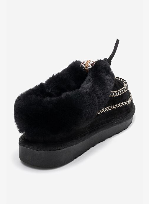 NORIEL Siyah Süet Hakiki Deri Dikişli Kürklü Kadın Makosen Terlik - Görsel 6