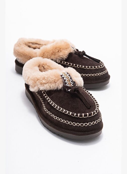 NORIEL Kahverengi Süet Hakiki Deri Dikişli Kürklü Kadın Makosen Terlik - Görsel 2