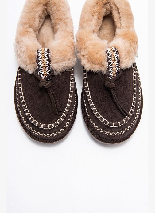 NORIEL Kahverengi Süet Hakiki Deri Dikişli Kürklü Kadın Makosen Terlik - Görsel 3