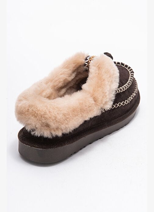 NORIEL Kahverengi Süet Hakiki Deri Dikişli Kürklü Kadın Makosen Terlik - Görsel 6