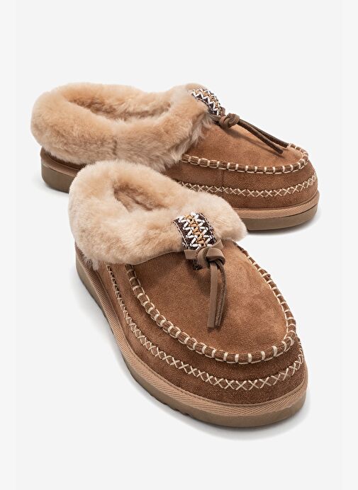 NORIEL Toprak Süet Hakiki Deri Dikişli Kürklü Kadın Makosen Terlik - Görsel 2