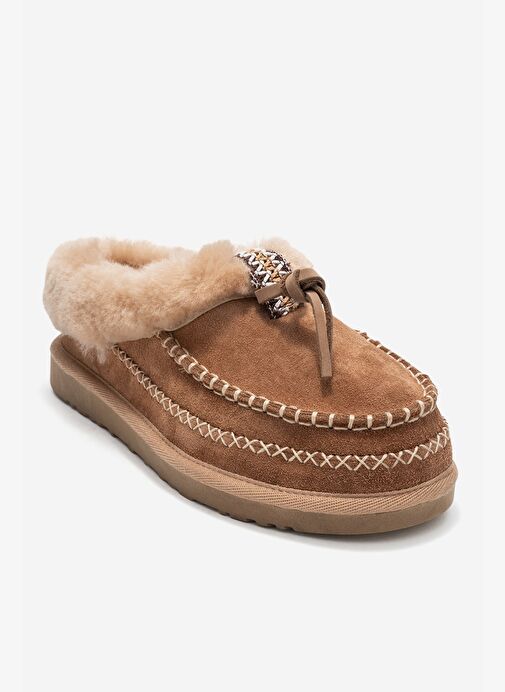 NORIEL Toprak Süet Hakiki Deri Dikişli Kürklü Kadın Makosen Terlik - Görsel 4