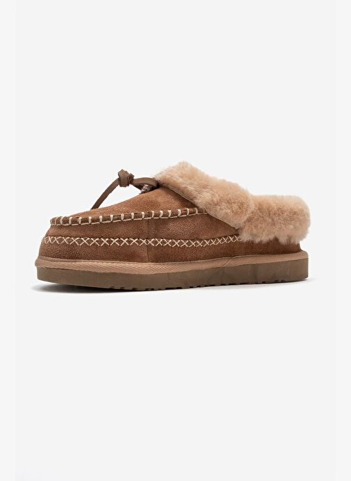 NORIEL Toprak Süet Hakiki Deri Dikişli Kürklü Kadın Makosen Terlik - Görsel 5