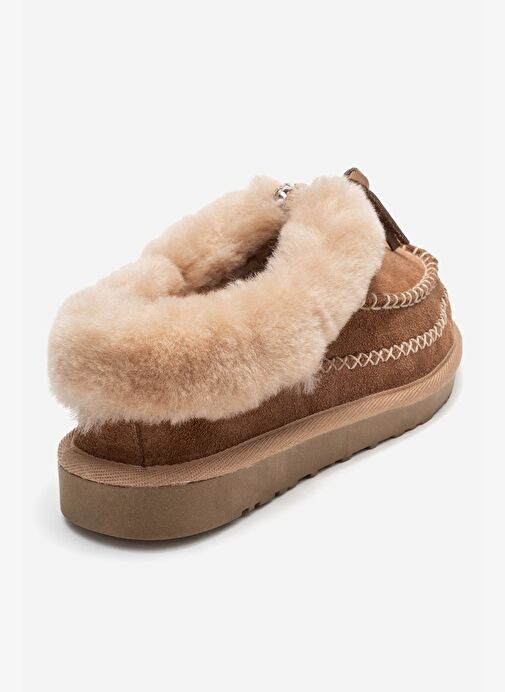 NORIEL Toprak Süet Hakiki Deri Dikişli Kürklü Kadın Makosen Terlik - Görsel 6