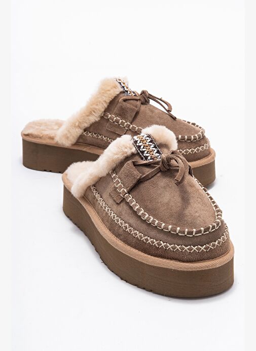 YALINA Kum Süet Hakiki Deri Dikişli Kürklü Kadın Platform Tabanlı Makosen Terlik - Görsel 2