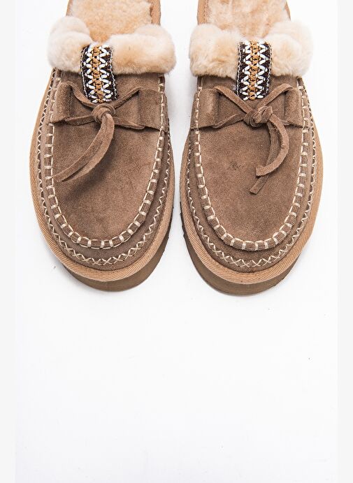 YALINA Kum Süet Hakiki Deri Dikişli Kürklü Kadın Platform Tabanlı Makosen Terlik - Görsel 3