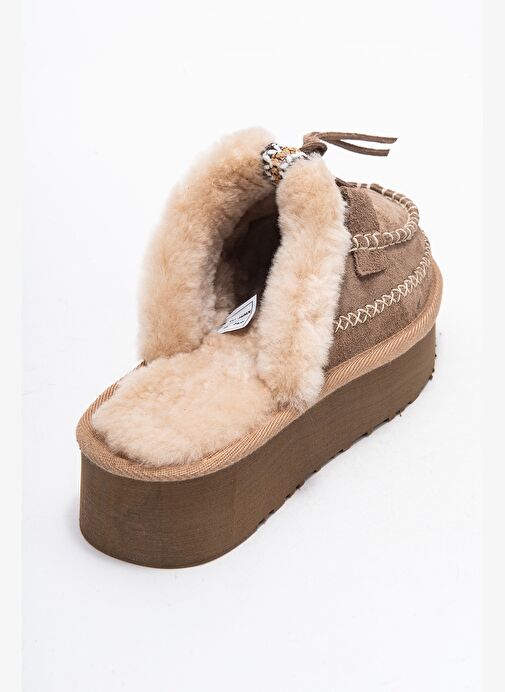 YALINA Kum Süet Hakiki Deri Dikişli Kürklü Kadın Platform Tabanlı Makosen Terlik - Görsel 6