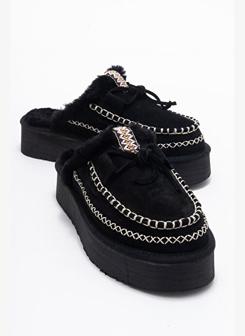 YALINA Siyah Süet Hakiki Deri Dikişli Kürklü Kadın Platform Tabanlı Makosen Terlik - Görsel 2