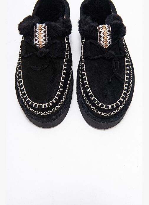 YALINA Siyah Süet Hakiki Deri Dikişli Kürklü Kadın Platform Tabanlı Makosen Terlik - Görsel 3