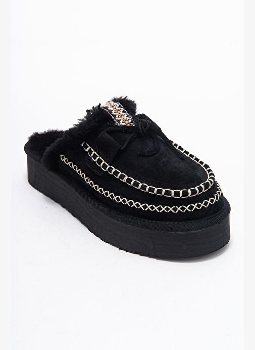 YALINA Siyah Süet Hakiki Deri Dikişli Kürklü Kadın Platform Tabanlı Makosen Terlik - Görsel 4