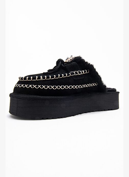 YALINA Siyah Süet Hakiki Deri Dikişli Kürklü Kadın Platform Tabanlı Makosen Terlik - Görsel 5