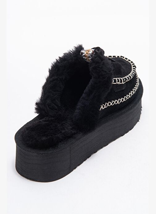 YALINA Siyah Süet Hakiki Deri Dikişli Kürklü Kadın Platform Tabanlı Makosen Terlik - Görsel 6